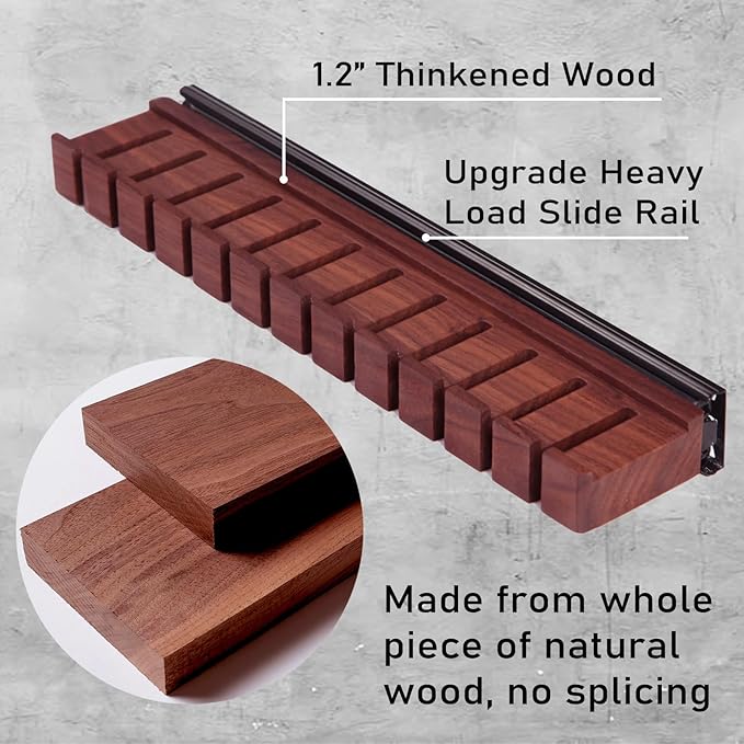 12 Belts Walnut Wood Belt Holder with Slide, Left or Right Slide Flexible Install Belt-Rack, Belt Hanger for Closet, Space Saving Belts Storage Organizer, Gift for Men
