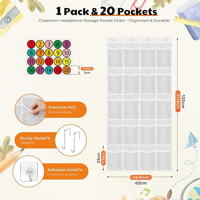Classroom Headphone Storage Organizer with 20 Pockets, PVC Clear Headphone Holder for Classroom Storage Office School Teaching Aids Storage Home Over-the-Door Hanging Bag with 51 Labels (1pcs)
