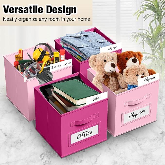 10 Pcs Fabric Storage Cubes with Labels 11 Inch Collapsible Cube Organizer Baskets with Window Cards for Shelf Nursery Clothes Book Toys Storage Bin(Pink, Rose Red)
