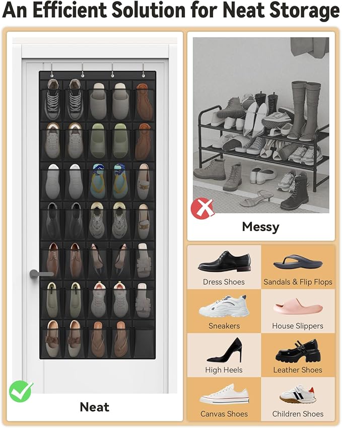 dodowin Over the Door Shoe Organizers, 2 Pack - 35 Deep Mesh Pockets Each, Over The Door Shoe Rack with 4 Metal Hooks Each, Space Saving Hanging Storage Holder for Closets, Shoes & Accessories, Black