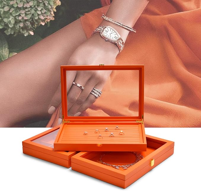 Oirlv Clear Lid Flat Jewelry Tray Stackable Display Storage Box Premium Leather Drawer Insert Jewelry Display Box for Rings Earrings Necklaces Bracelet Women Gift