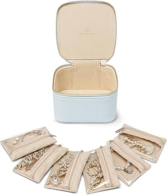 Vlando Travel Jewelry Case,Travel Jewelry Organize with 6 Velvet Jewelry Zipper Pockets,Premium Petal Hardware Jewelry Case for Birthday Wedding Graduation Gifts-Baby Blue