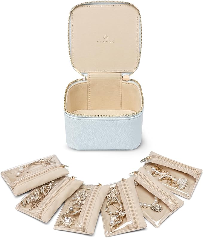Vlando Jewelry Travel Case,Travel Jewelry Organizer with Clear Velvet Jewelry Bags 6Pcs Zipper Pouch for Women Wedding,Birthday Gift-Baby Blue