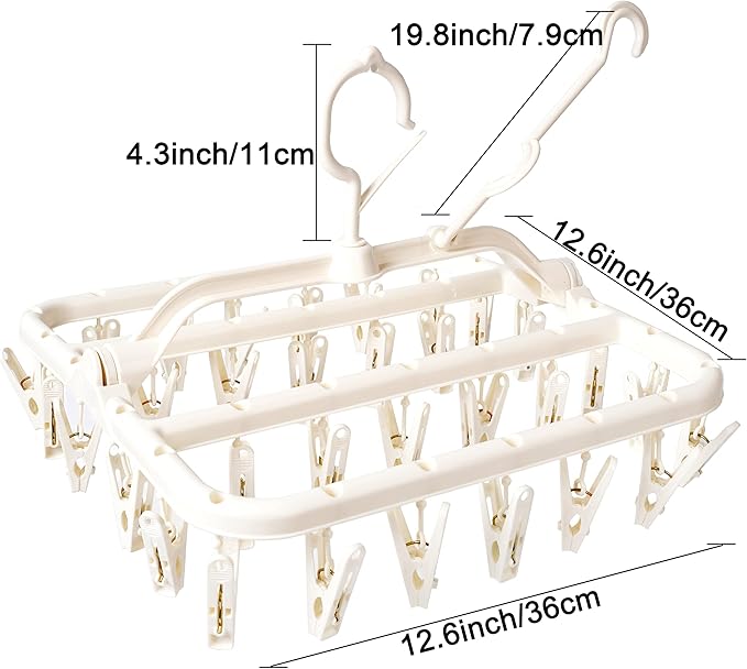 Foldable Clothes Drying Rack with 32 Drying Clips Wind-Proof Hook Underwear Hanger Plastic Laundry Clip for Socks Bras (White)