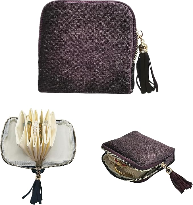 Small Travel Jewelry Case - Jewelry Travel Organizer Bag with Tassel Zipper for Bracelets, Necklaces, Bangles, Jewelry Organizer Storage Bag Gift for Women Girls - LJB001-Purple