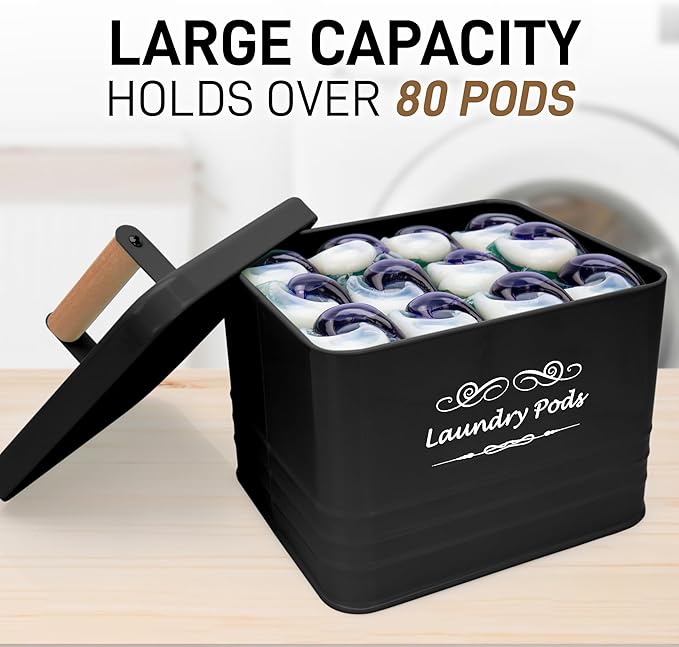 ELITAPRO Modern Farmhouse Laundry Pods Container - Metal Detergent Pods Holder with Lid for Laundry Room Decor & Accessories - Organization & Storage