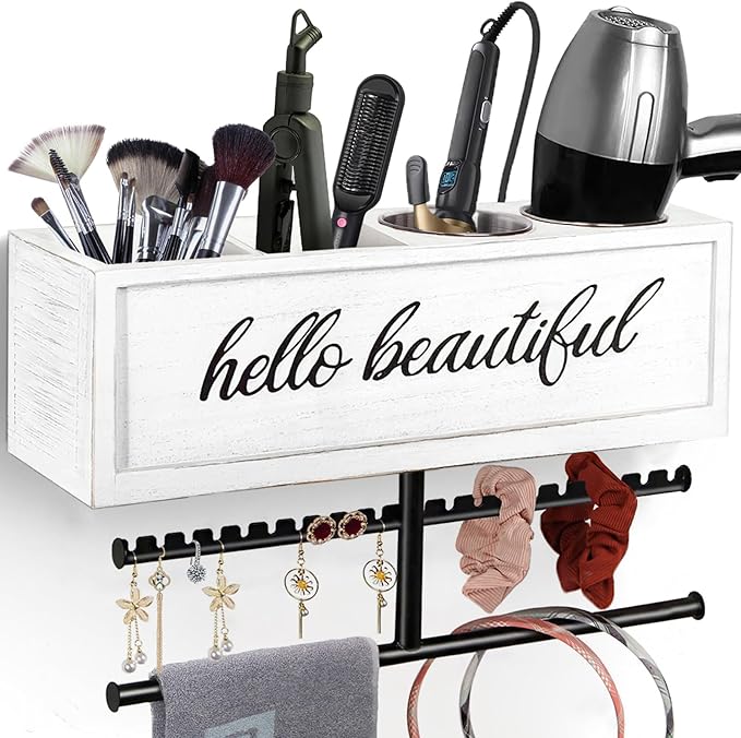 Rustic Hair Dryer Holder Wall Mounted,Hair Styling Tools & Accessories Organizer,Bathroom Supplies & hot Tools vanities Organizer Caddy,for Storage Flat Iron,Blow Dryer,Curling Iron (White)
