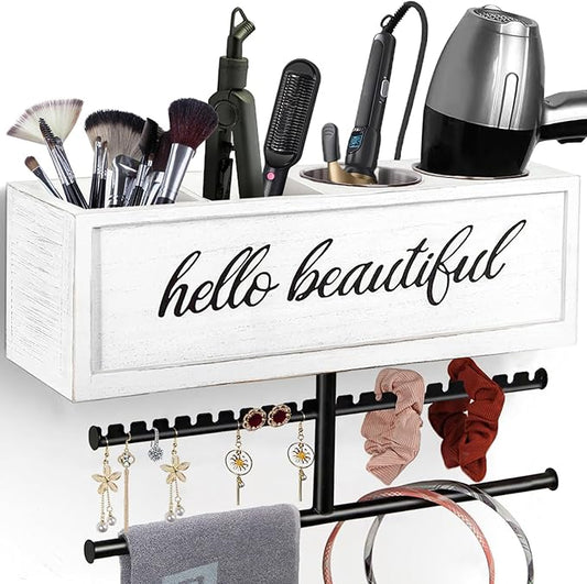 Rustic Hair Dryer Holder Wall Mounted,Hair Styling Tools & Accessories Organizer,Bathroom Supplies & hot Tools vanities Organizer Caddy,for Storage Flat Iron,Blow Dryer,Curling Iron (White)