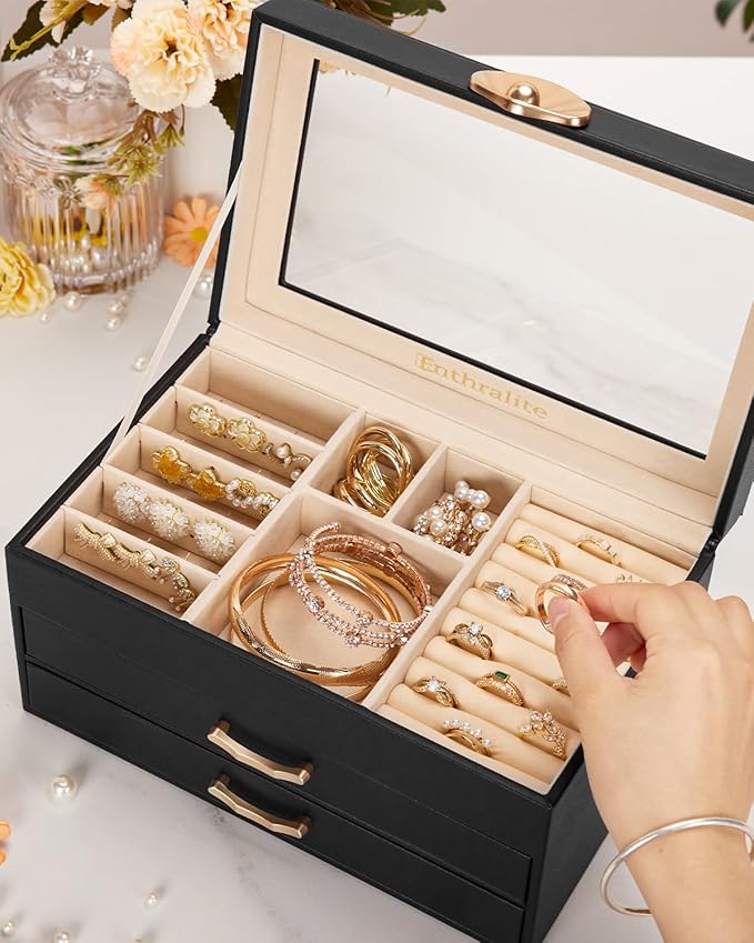 Jewelry Box with 2 Drawers: Display Organizer for Earrings Necklaces - Gifts for Girls Women (Black)