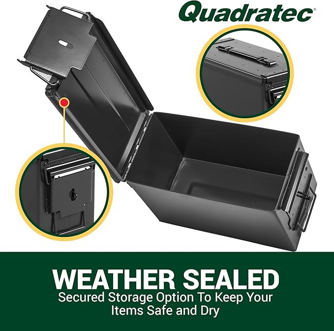 Quadratec 50 Cal Ammo Can, Black - Waterproof Ammo Box - Steel Ammo Storage Case - Fits Jeep Wrangler CJ YJ TJ JK JL & Gladiator JT - Overlanding, Tools, First Aid & Tow Recovery Gear Storage
