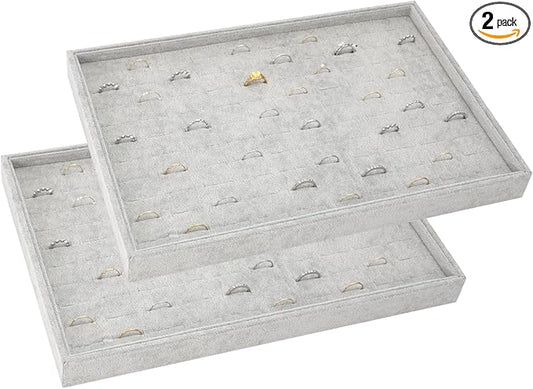 Polmart Stackable 100-Slot Rings & Earrings Organizer/Storage/Display Trays, Gray Velvet (2-Pack)