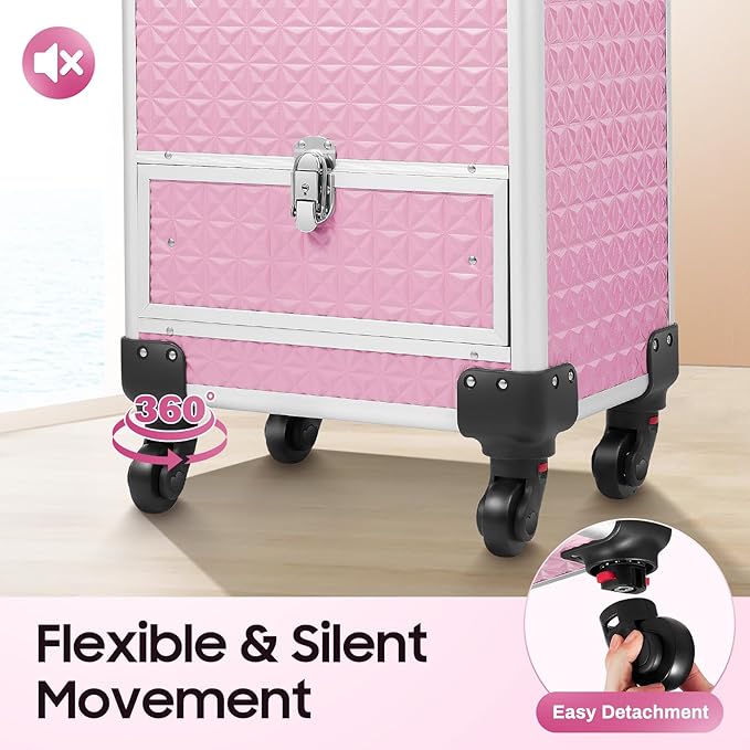 Professional Rolling Makeup Case Pro Makeup Artist Cosmetic Train Case Hairstylist Travel Case Portable Make Up Station with Lockable Drawer & 4 Swivel Wheels - Pink
