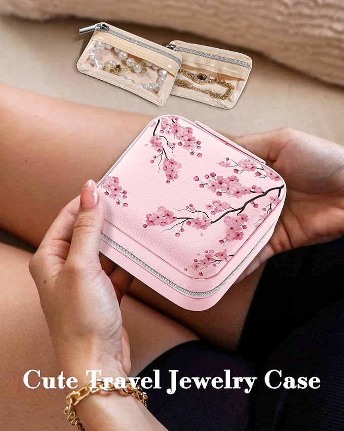Bistup Travel Jewelry Case - Small Jewelry Organizers and Storage Box for Women Girls Teens Cute Traveling Jewelry Holder with Mirror Little Tiny Compact Modern Unique Aesthetic Pretty, Peach Blossom