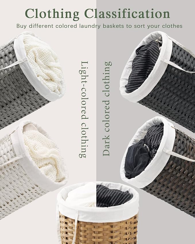 Laundry Basket Round Rattan Laundry Hamper 29.1 Gal(110 L)Handwoven Large Wicker Basket with Handles, Wicker Hamper with Removable Bags and 2 Mesh Bags for Bathroom Living Room Natural(No Lid)