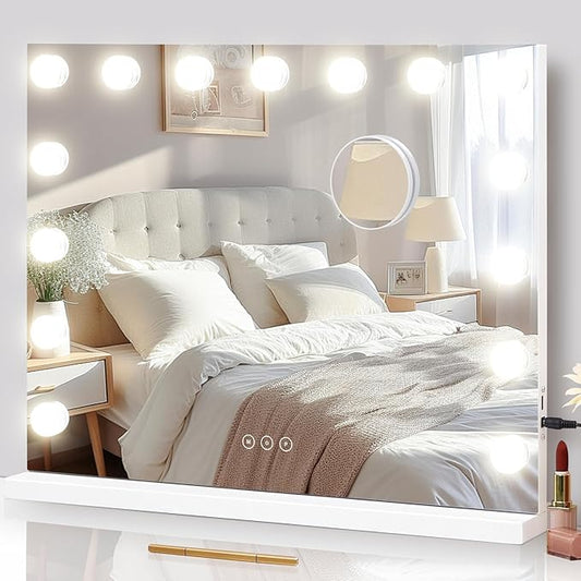 Vanity Mirror with Lights Lighted Makeup Mirror with 15 Dimmable LED Bulbs,3 Color Lighting Modes,USB Charging Port Touch Control,Sturdy Metal Frame Design 24x18 Inch,White