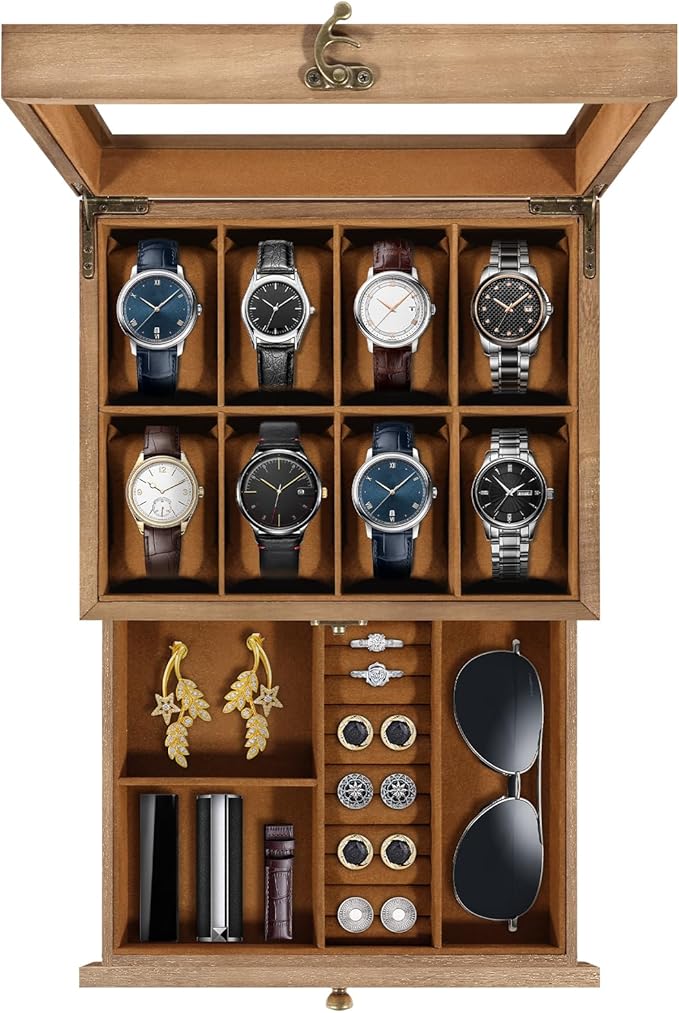 Uten 8-Slot Watch Box, 2-Layers Solid Wood Watch Display Case with Glass Lid, Watch Holder Organizer with Soft Pillow and Velvet Lining, Watch and Jewelry Storage Box, Browm