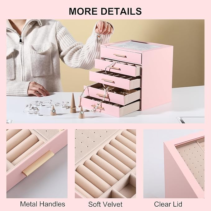 Frebeauty Clear Lid Jewelry Box,5-Layer Jewelry Organizer with Drawer,PU Leather Jewelry Organizers and Storage,Jewelry Boxes for Women,Jewelry Storage for Rings Earring Stud,Gift for Women(Pink)