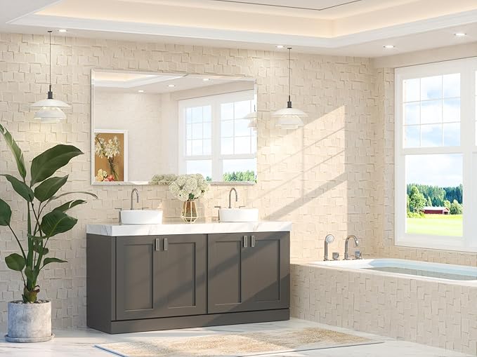 TETOTE 60" x 36" Rectangle Tempered Mirror with Frameless Beveled Edge for Vanity and Bathroom