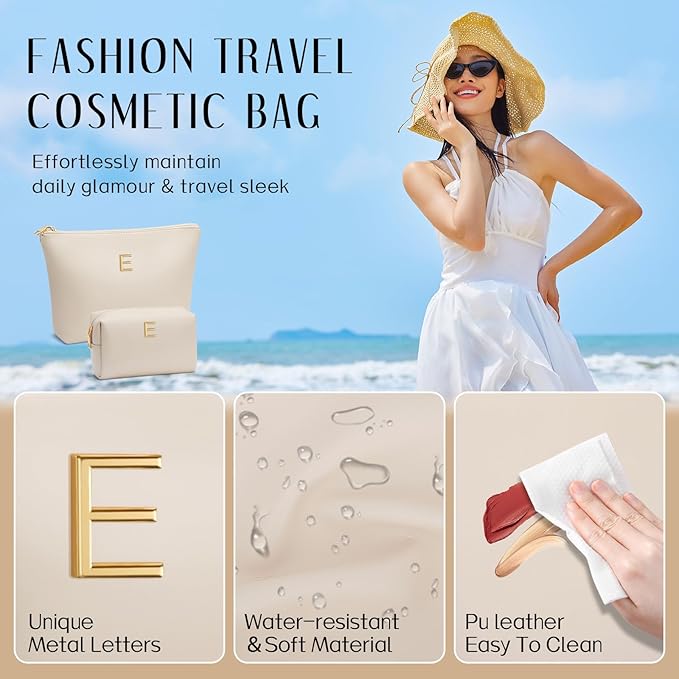 Valentine's Day Gifts for Women Girlfriend Initial Makeup Bag for Teen Girls Personalized Gifts for Friend Teacher Mom Wife Cosmetic Travel Toiletry Bag(Beige,E)