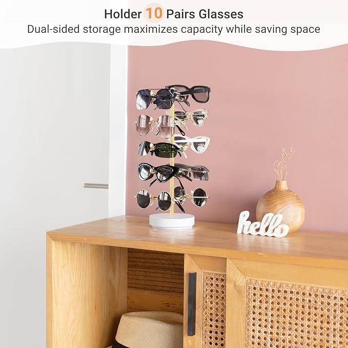 Mkono 360° Rotating Sunglasses Organizer Metal Eyeglass Holder Stand Sunglass Storage Display Eyeglasses Rack for up to 10 Pairs of Eyewear Glasses for Table Dresser Desk Countertop Bedroom, Gold