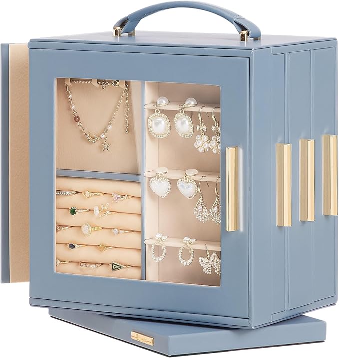 Homde Valentine's Day gifts Jewelry Box 360° Rotating, Necklace Earring Organizer with Transparent Window, Mirror, 7 Drawers, Large Ring Display Storage Case for Girls Women (Grey Blue)