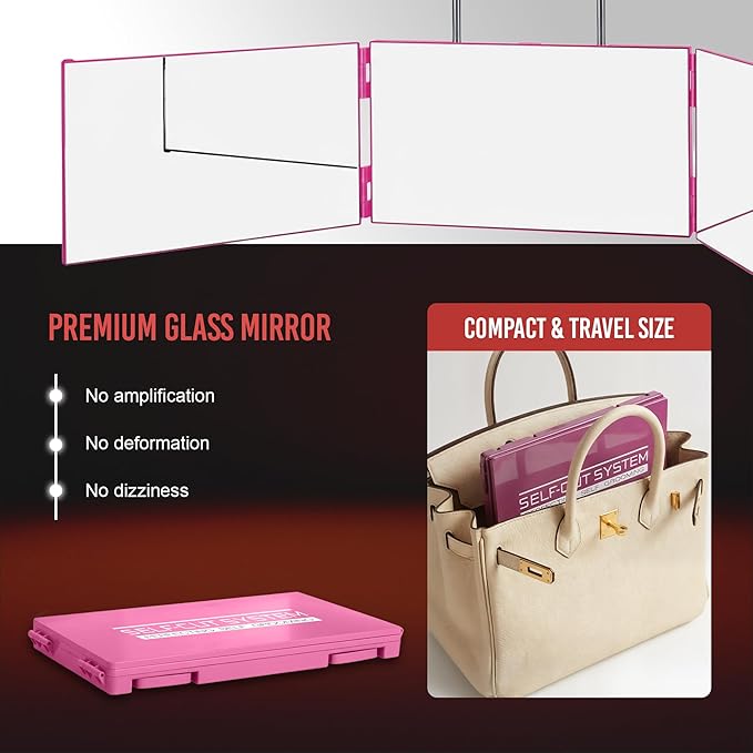 Self-Cut System 3 Way Mirror for Braiding Hair, Styling & Hair Coloring - Tri-Fold Three Way Mirror with Telescoping Hooks - Compact & Travel Size - Over-the-Door Mount for DIY Haircuts, Makeup - Pink