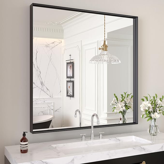 LOAAO Black Bathroom Mirror 32"X32" for Wall, Rectangle Bathroom Vanity Mirror, Tempered Glass, Hangs Vertically or Horizontally, Easy to Install, Modern Design
