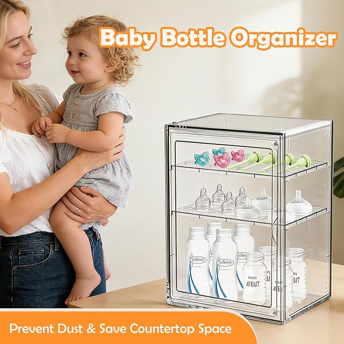 Baby Bottle Organizer,Adjustable Height Bottle Storage Organizer Baby for Bottles, Pacifiers, Pump Parts, Clear Organizer for Countertop, Cabinet,Vanity, Bathroom