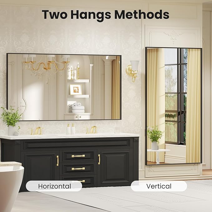 LOAAO Black Bathroom Mirror 60"X28" for Wall, Rectangle Bathroom Vanity Mirror, Tempered Glass, Hangs Vertically or Horizontally, Easy to Install, Modern Design