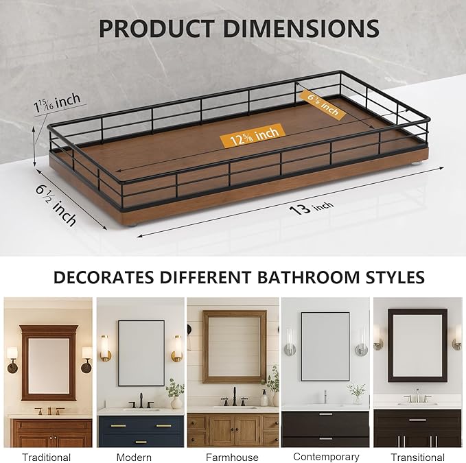 Toilet Paper Basket Organizer – Oak Wood Toilet Tank Tray with Metal Frame, Back of Tank or Top Bathroom Counter Storage – Black & Brown Modern Decor