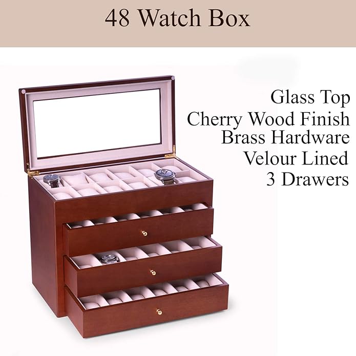Bey-Berk Custom Personalized Watch Box Organizer - 48 Slot Luxury Solid Wood Designer Display, Large Watch Slots