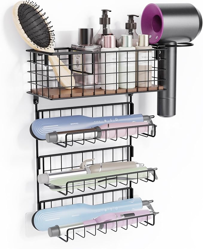 3 Tiers Hair Tool Organizer Wall Mounted, Holds 2 Curling Irons Per Shelf Heat-Resistant, Storage Basket for Hair Tools, Adhesive and Screw Mount for Hair Dryer Straightener in Bathroom Cabinet, Black