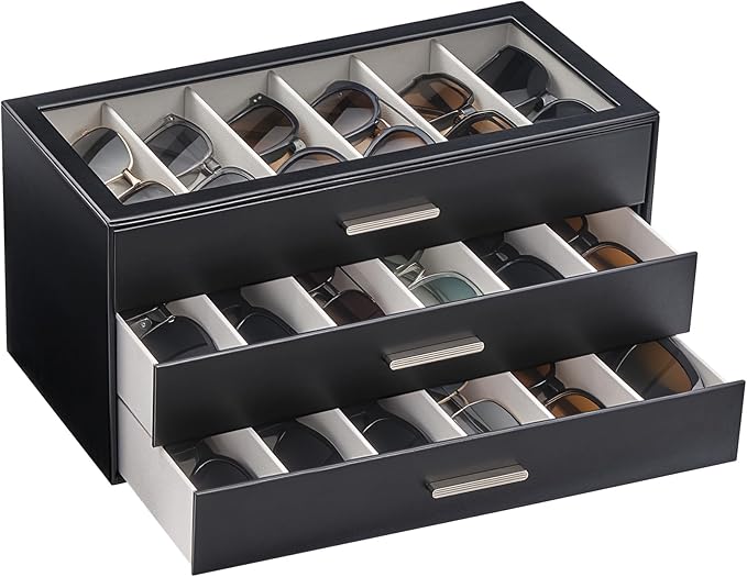 Lolalet Beige Sunglasses Storage Box for Women, Eyewear Eye Glass Organizer with Clear Top Lid Display Holder Case