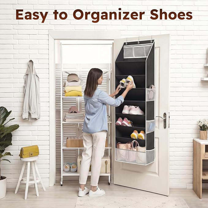 Over The Door Shoe Organizer - 8 Tier Hanging Shoe Organizer with Large Capacity Pockets, Shoe Organizer for Closet, Shoes Rack for Door, Fits 16-24 Pairs of Sneakers, Boots, Heels – Black