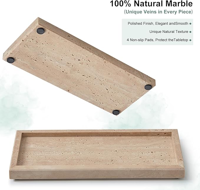 Natural Small Travertine Tray for Bathroom Vanity and Kitchen Sink, Stone Countertop Organizer for Soap Dispenser, Jewelry, Perfume, Candle, Ring, Home Decor, Non-Resin Non-Ceramic
