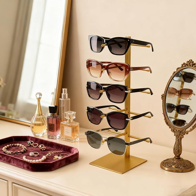 5-Tier Sunglass Display Stand, Sunglasses Organizer, Titanium Brushed Eyeglass Holder Stand, Gold Sunglasses Rack for Homes, Offices, Boutique Shops（PATENT PENDING