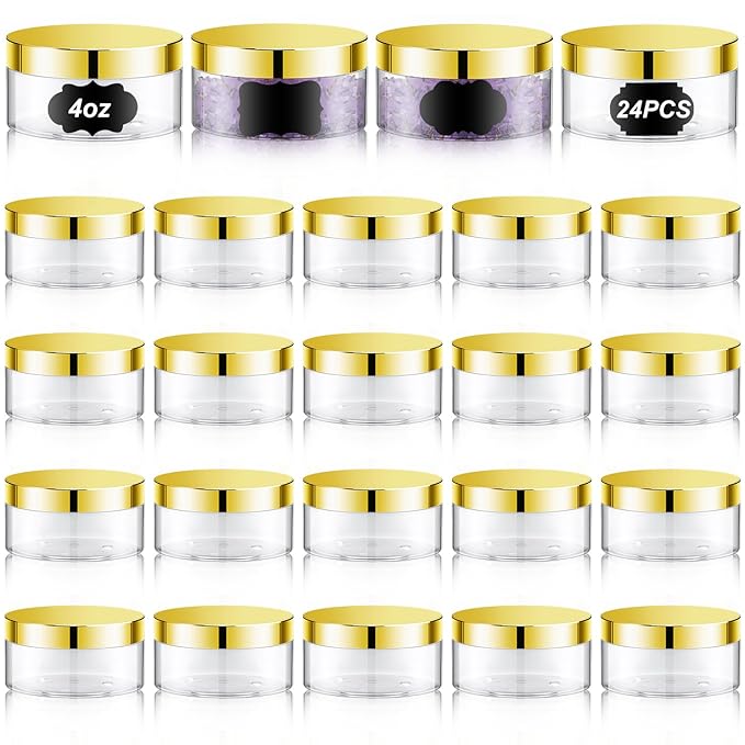 Dandat 24 Pcs 4 oz Plastic Jar Container with Lid and Label Refillable Empty Round Clear with Gold PET Cosmetic Sample Slime Containers for Lotion, Cream, Ointments, Body Butter, Makeup Travel Storage