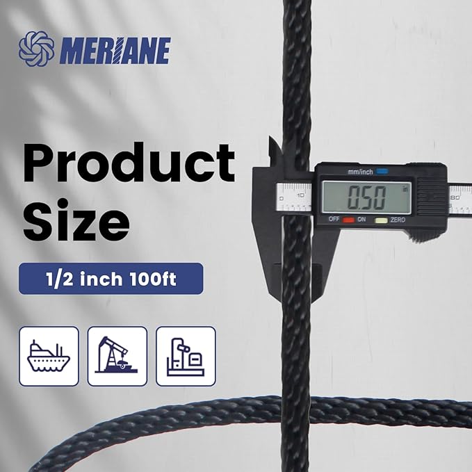 MERIANE Black Nylon Rope 1/2inch 100FT – Multipurpose Solid Braided Rope – Ideal Use for Camping, Clothesline, Marine, Flag Line – Abrasion & UV Resistant – Shock Absorption Rope for Indoor Outdoor