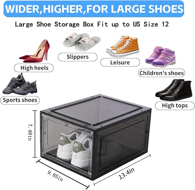 Large Black Shoe Storage Boxes Stackable, 12 Pack Hard Plastic Shoe Storage Organizer with Magnetic Door, Shoe Container Sneaker Storage Display Case Fit up to US Size 12 Black