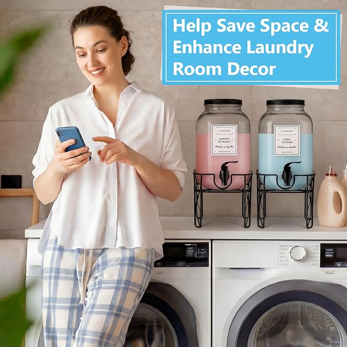 2 Pack 128 oz/ 3.8L Glass Laundry Detergent Dispenser, Liquid Soap Dispenser with Stand, Measuring Cups and Labels, Fabric Softener, Liquid Bleach Container for Laundry Room Organization