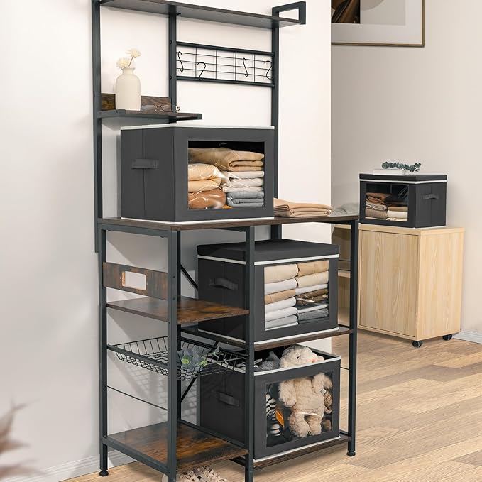 Stackable Storage Bins with Lids - Large Storage Box with Lids, Foldable Closet Boxes for Organizing, Wardrobe Clothes Organizer with Window, Cubes Bins for Living Room, 3 Pack, Dark Grey
