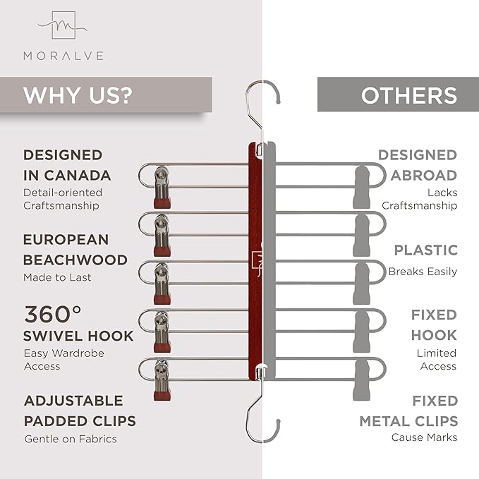 MORALVE Skirt Hangers Space Saving with Clips - 2 Pack - European Beechwood 5-Tier Hanger for Shorts, Skirts, and Pants - Closet Organizer and Storage Solution for Women with 360° Swivel Hook