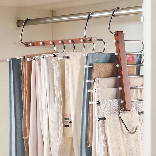Pants Hangers Space Saving, 4 Packs Wooden Closet Organizer, Anti-Slip Design Leggings Hanger, Multi-Layer Clothing Pant Rack for Jeans, Trousers, Skirts, Scarves & Slacks
