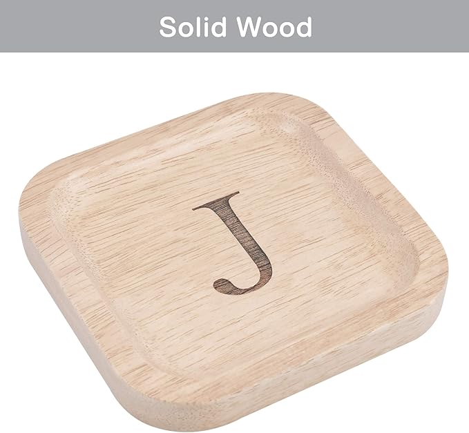 I'm Wooden Personalized Letter Catchall Valet Tray Trinket Dish Jewelry Tray Key Bowl Decorative Plate Organizing Ring Earrings Necklaces Bracelet Watch Coins Wallet Holder (6"x6" Sq Natural J)