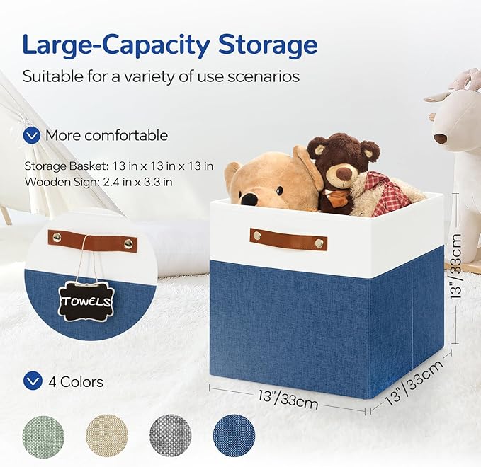 13x13 Storage Cubes 6-Pack, Large Foldable Fabric Cube Storage Bin with Reinforced Bottom and Labels, Organizer Baskets for Shelves, Closets(White/Blue)