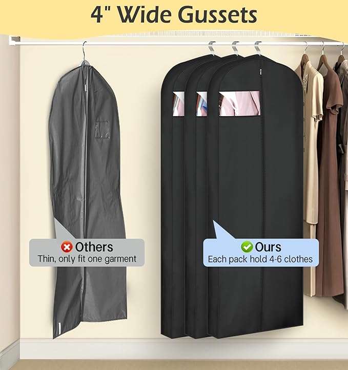 MISSLO 4" Gusseted Garment Bags for Hanging Clothes 65" Dress Bags for Gowns Long Waterproof Dress Cover for Closet Hanging Clothes Storage Bag, 3 Packs, Black