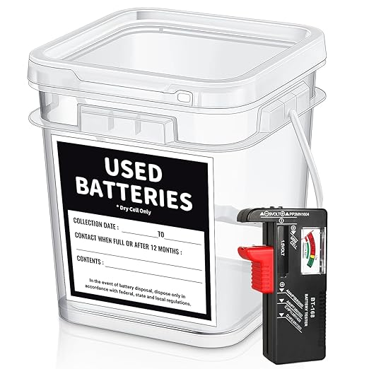 Battery Recycling Container with Battery Testers for Household Batteries, QHAND Used Battery Disposal Container with lid for Home Use, Office, Garage, Schools (1.32 Gallon)