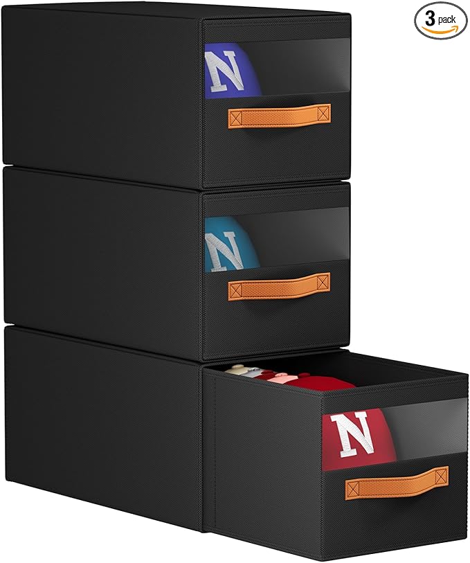 Hat Organizer for Baseball Caps - 3 Pack Pull-Out Drawer Hat Storage Organizer Box with Clear Window, Stackable Closet Cap Holder, Baseball Cap Organizer for Closet, Bedroom, Home, Black