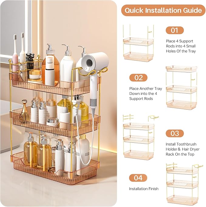Bathroom Counter Organizer with Hair Dryer Holder and Toothbrush Holder, Acrylic Vanity Tray for Skincare, Perfume, Makeup Storage on Countertop ＆ Dresser (Amber, 3-Tier)