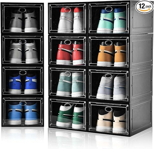 12 Pack Shoe Boxes Stackable,Upgraded Sturdy Shoe Storage Boxes with Clear Magnetic Door,Multifunctional Sneaker Storage, Shoe Box Organizer Fit up to US Size 12 Gray(13.8”x 9.84”x 7.1”)